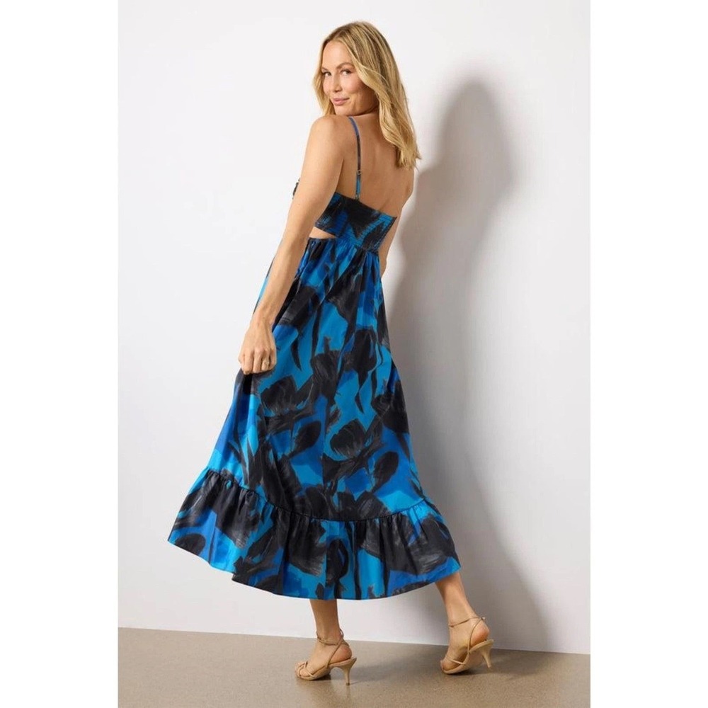 Hutch Blue Black Abstract Floral Cut-Out Midi Dress Tiered High-Low Cotton NWT - Picture 2 of 11